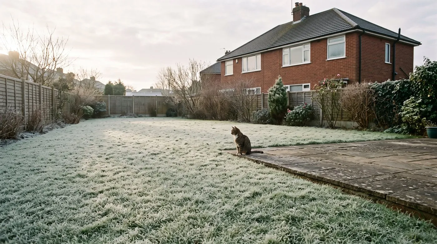 A frosted lawn in early March with a suburban house behind and a cat sitting on the patio edge