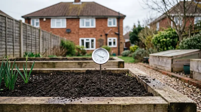 What to do in the garden in March, a Bristol suburban raised bed with a soil thermometer pushed into freshly raked tilth