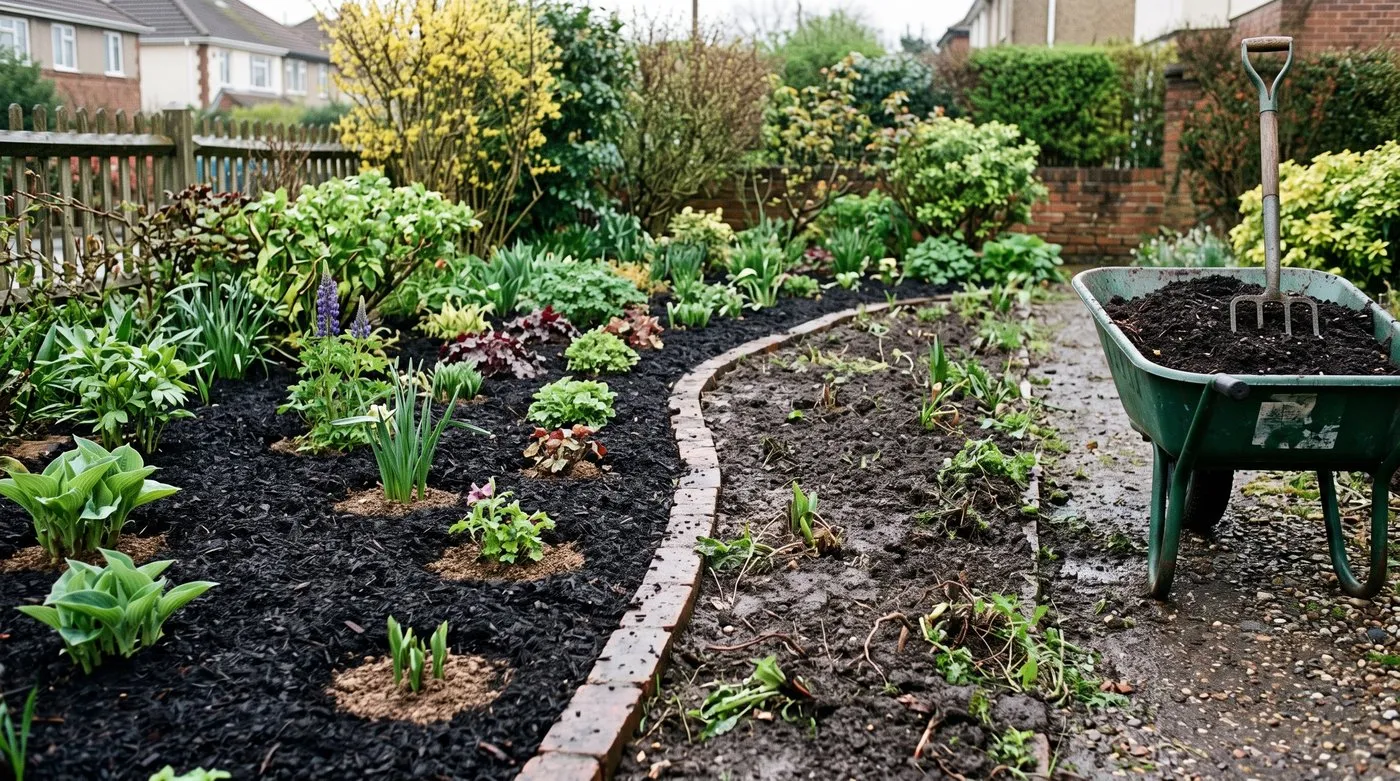 A March border part-mulched after rain with a fork and a barrow of compost alongside