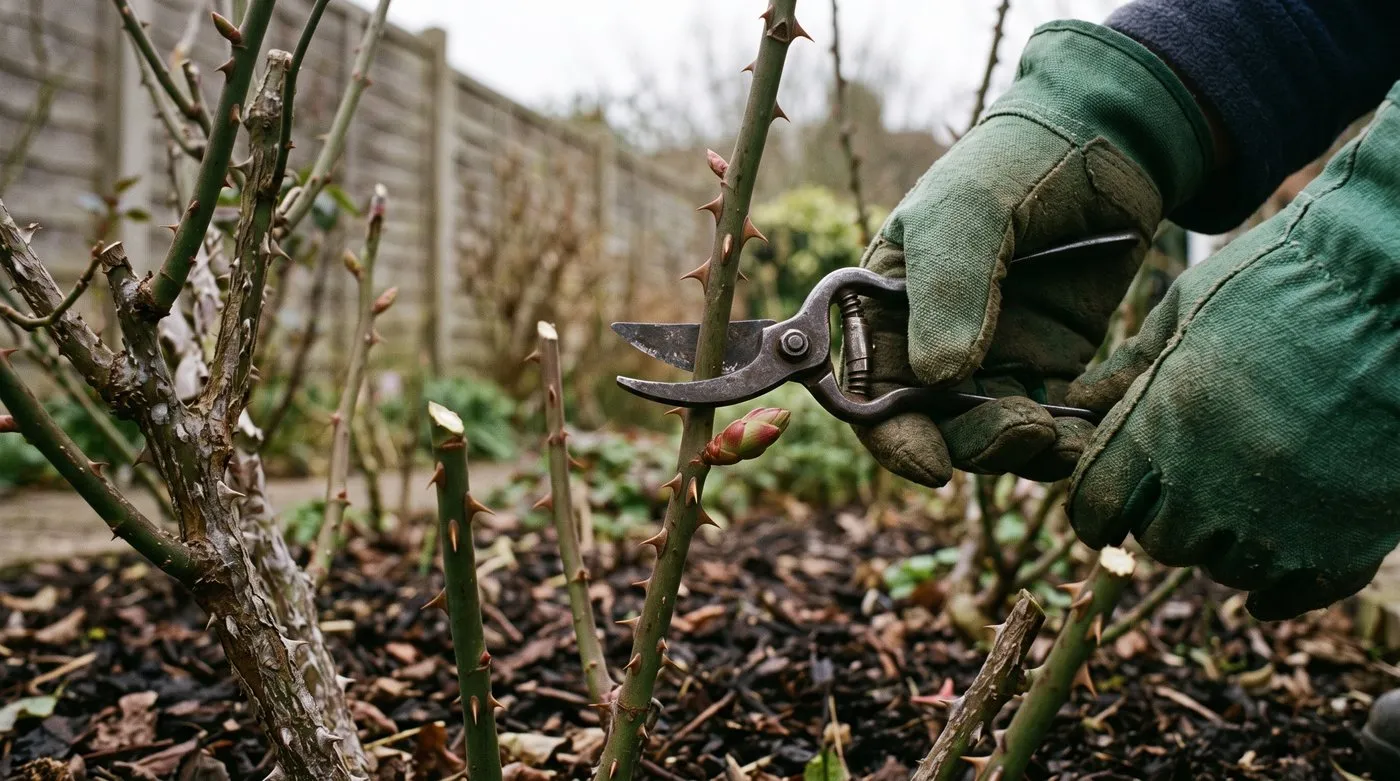 Gloved hands pruning a bush rose to an outward-facing bud in a March border