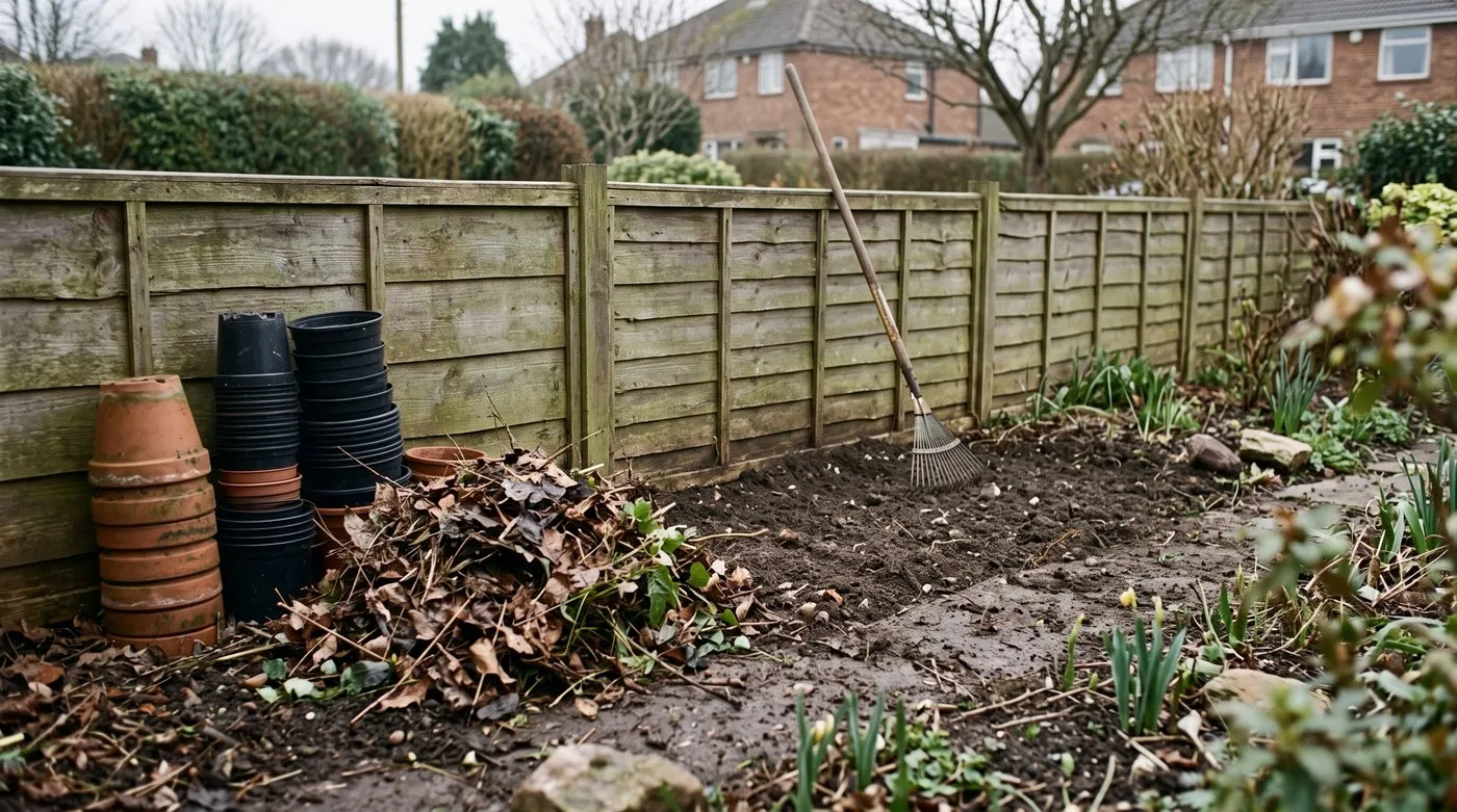A cleared border edge in March with pots turned over and debris removed, the classic overwintering slug habitat