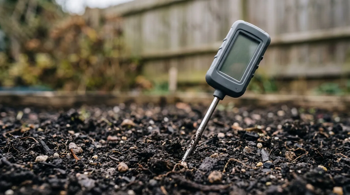 Soil thermometer pushed into a raised bed showing an early March reading in a suburban garden