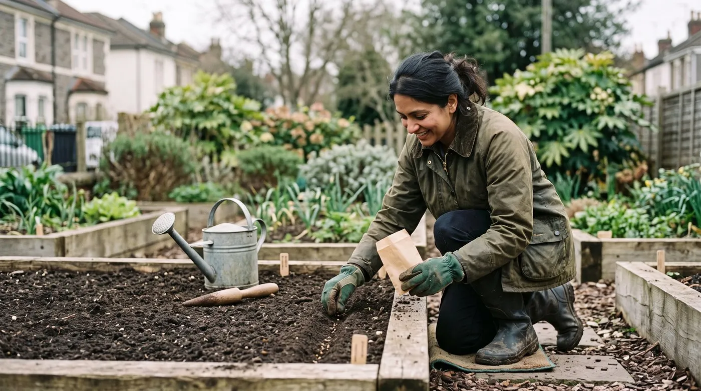 An Indian British woman in her 30s sowing seed along a drill in a raised vegetable bed in March