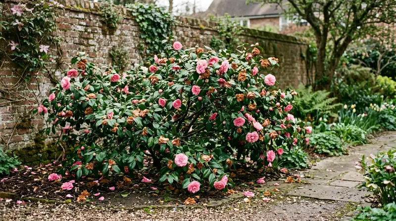 Established camellia shrub in a UK garden at the end of flowering with glossy leaves and a mix of fresh and faded blooms