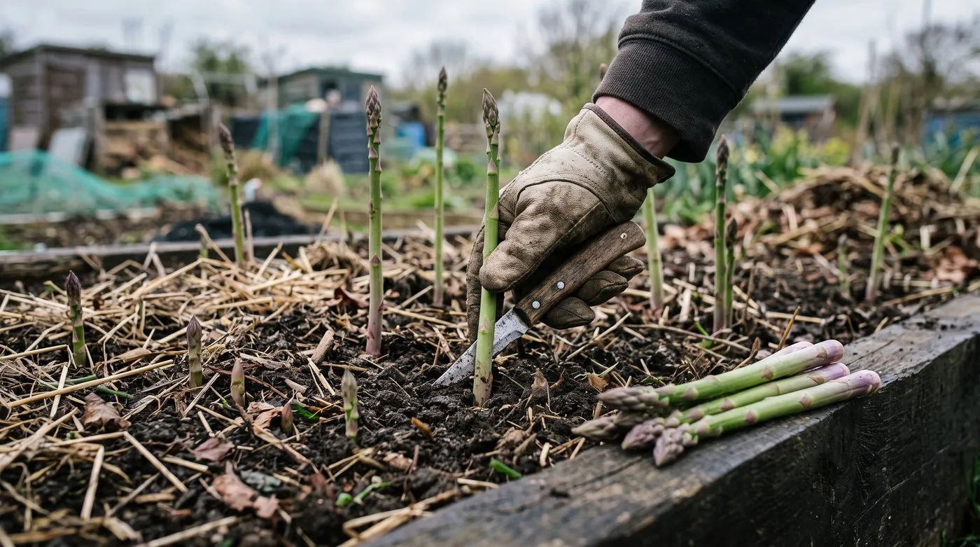 Cutting asparagus spears at soil level in an allotment bed in April