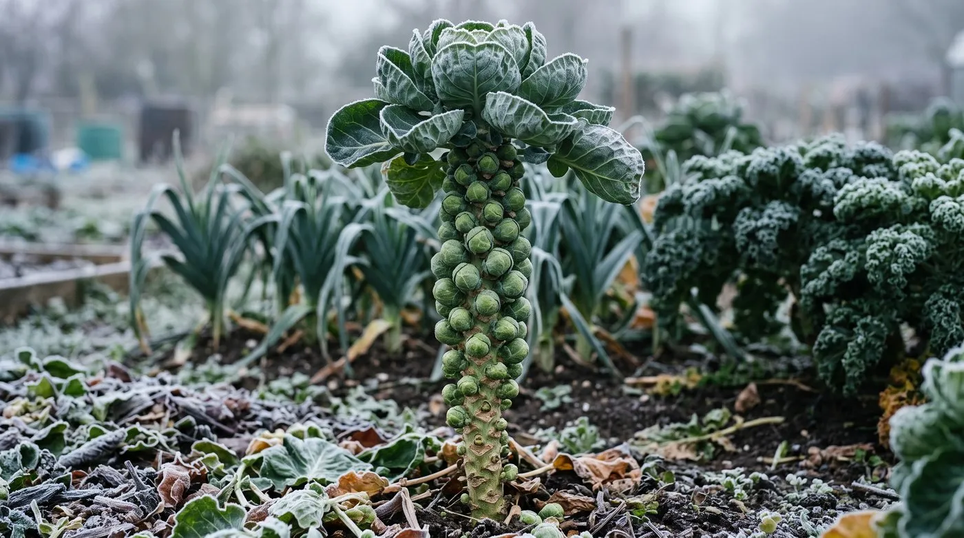 Frosted Brussels sprout stem with the lowest sprouts already picked in November