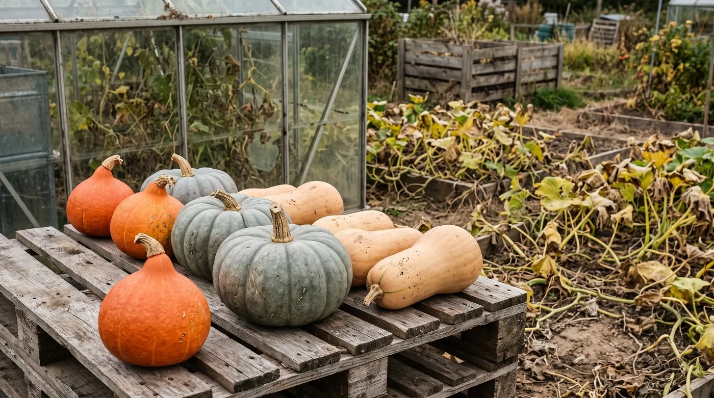 Harvested winter squash and pumpkins curing in the sun beside a greenhouse in September