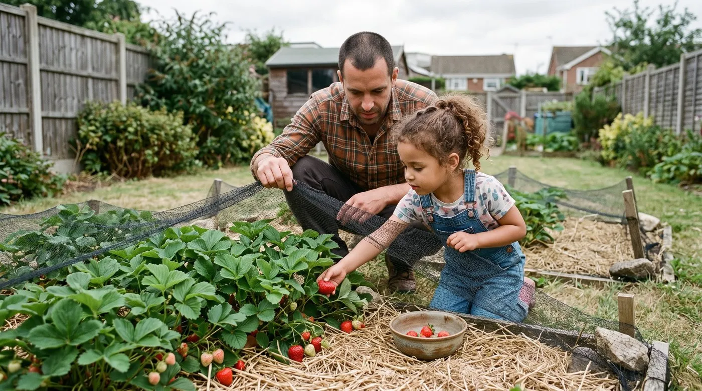 Father and young daughter picking ripe strawberries from a netted bed in June