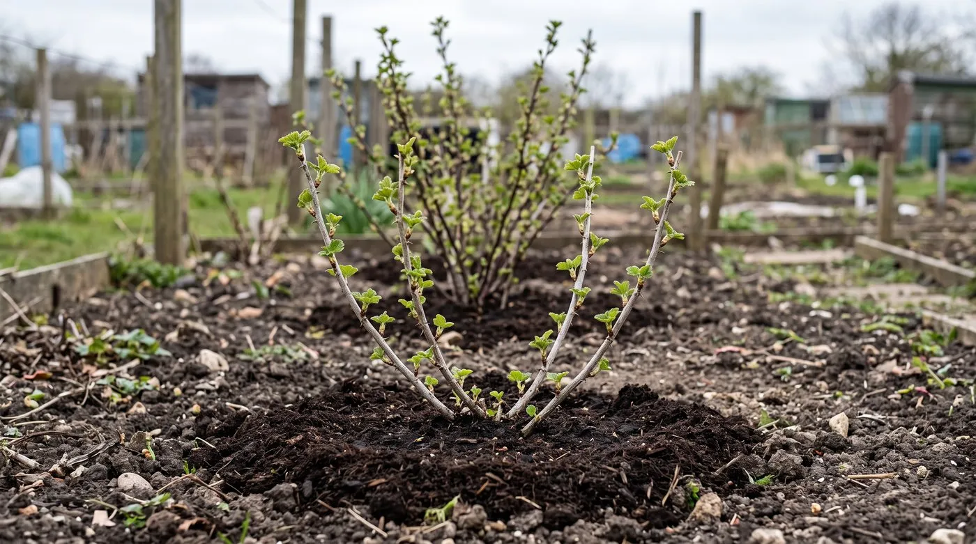 Newly planted gooseberry bush pruned to an open goblet shape on an allotment in April