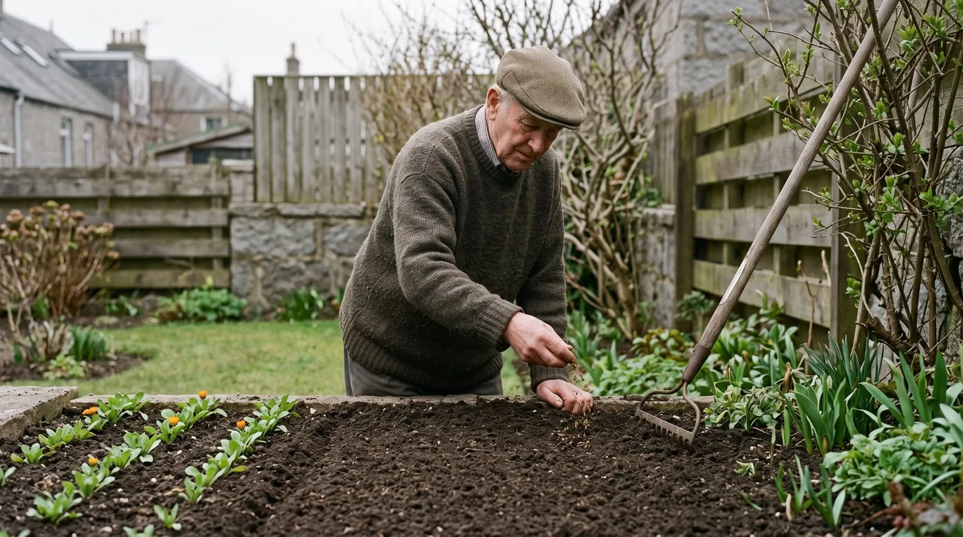 Older man scattering hardy annual seed over raked soil in a border in April
