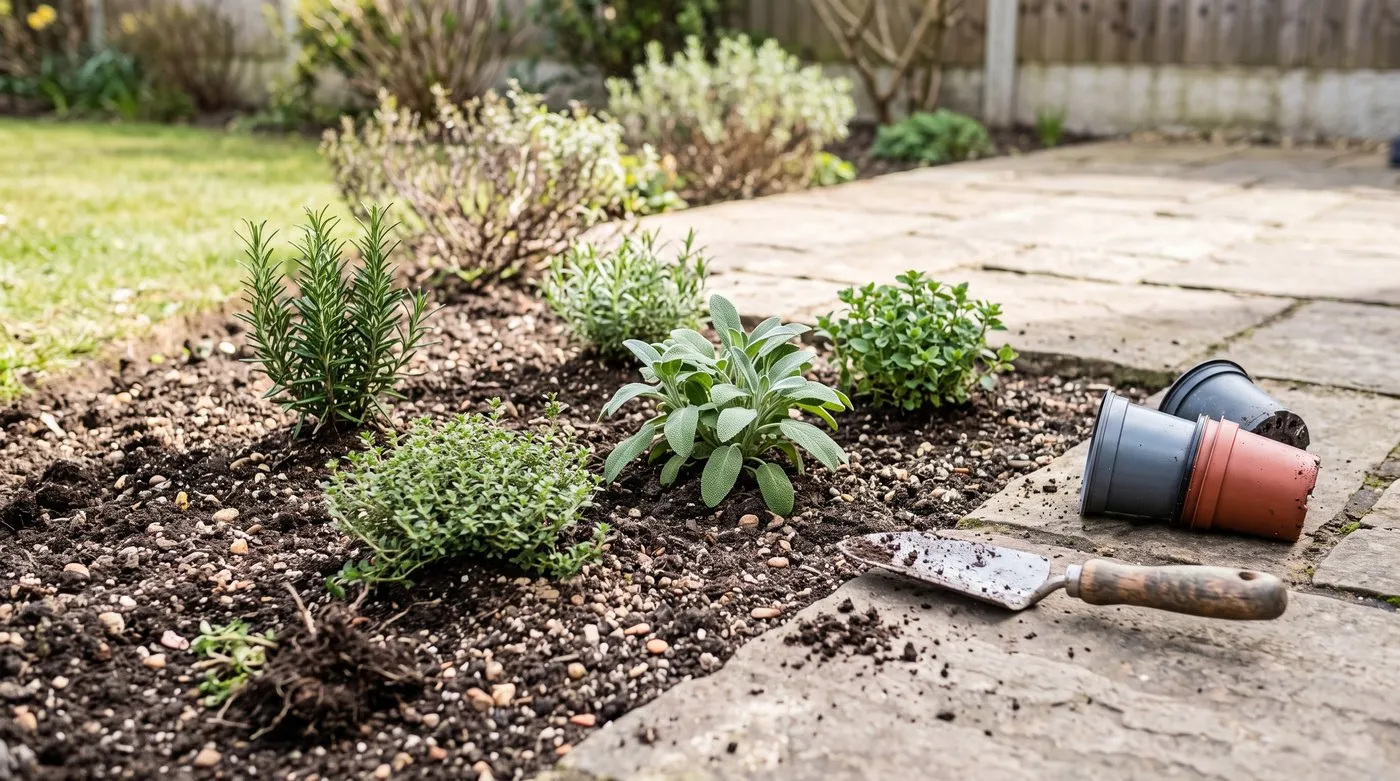 Young rosemary, thyme, sage and oregano plants just planted in a gritty sunny herb bed