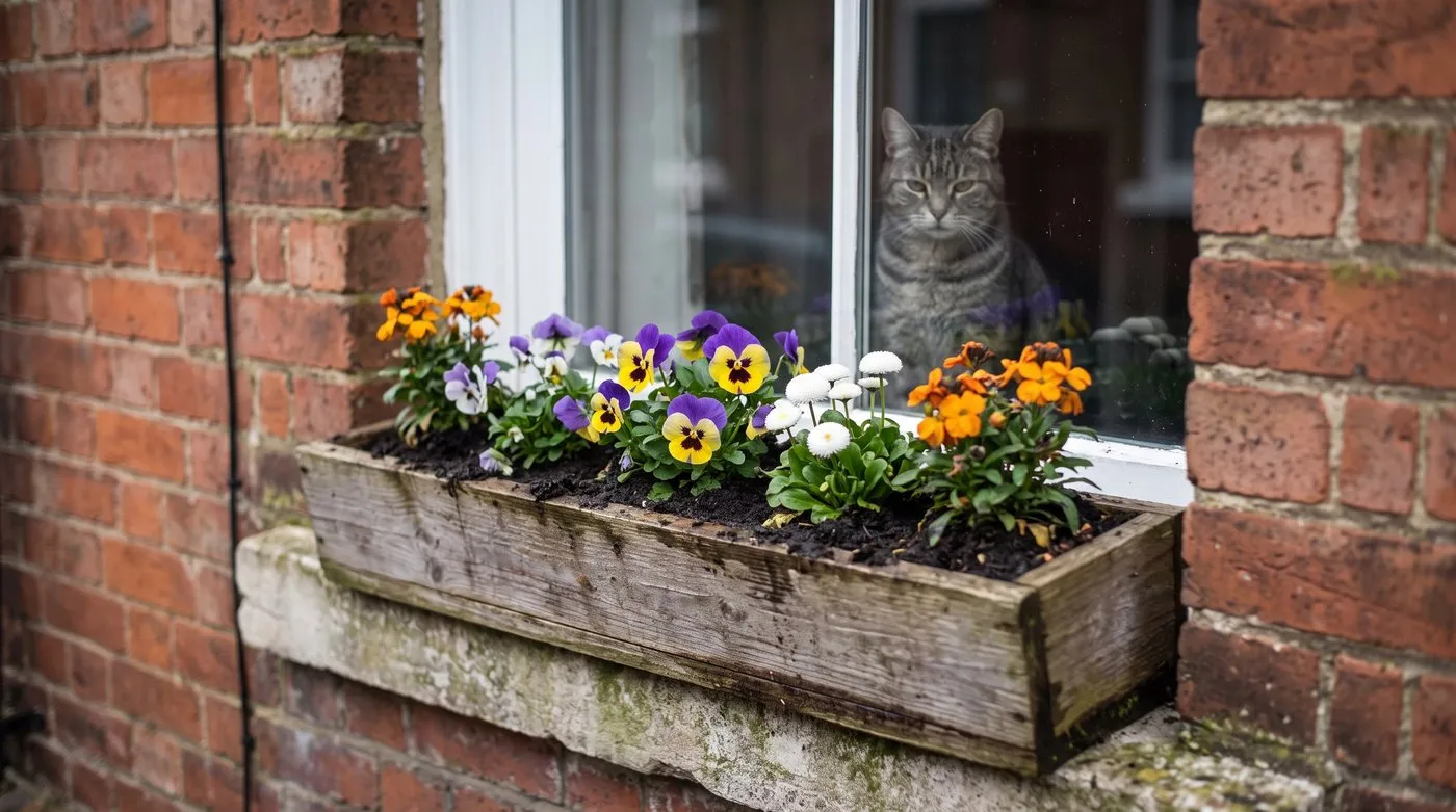 Window box of pansies, violas and wallflowers in April with a tabby cat behind the glass