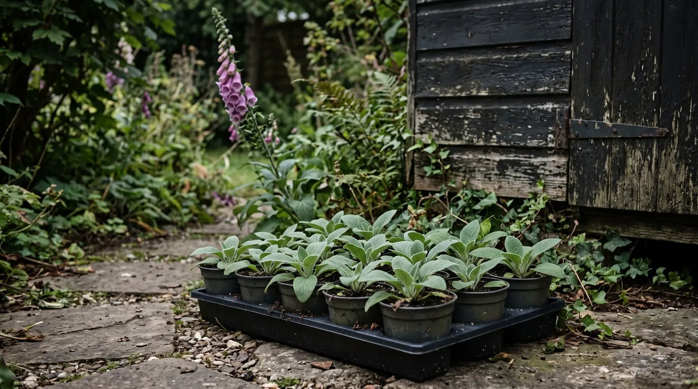Young foxglove rosettes in small pots in a shady corner, ready to plant out in autumn