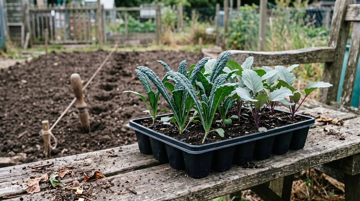 Module tray of young Cavolo Nero and Red Russian kale ready to plant out on an allotment