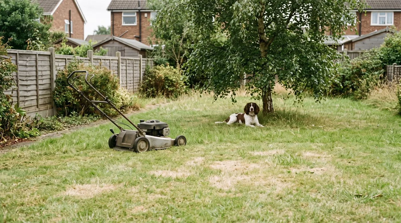 Lawn mown longer in a July dry spell, with a springer spaniel resting in the shade