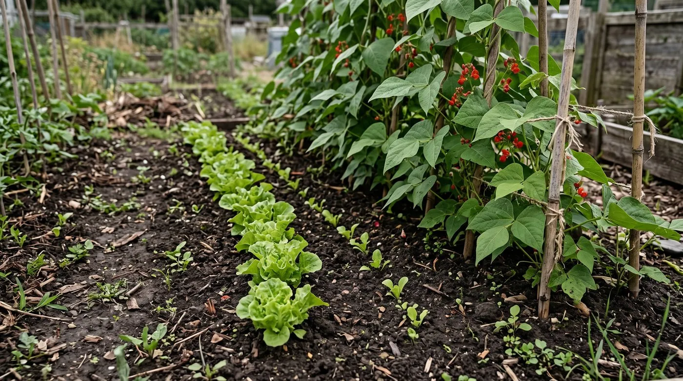 Young lettuce growing in light shade beside a row of runner beans in July
