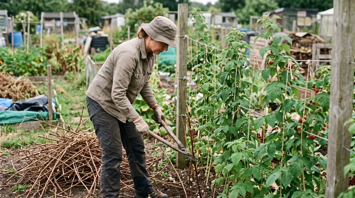 Woman cutting fruited raspberry canes to the ground with new green canes tied to wires