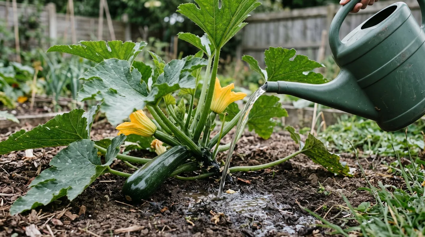 Watering a courgette plant at the base early in the morning, keeping the leaves dry
