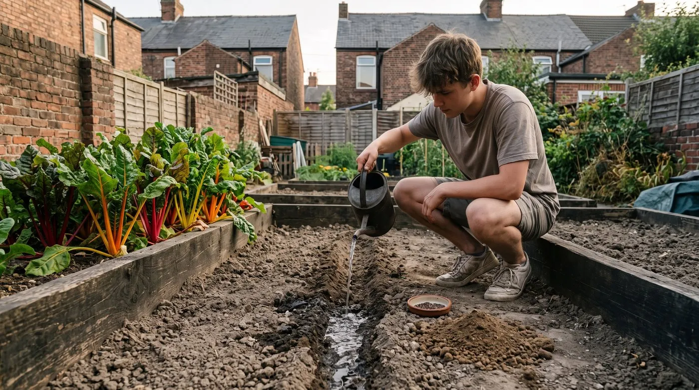 Young man soaking a seed drill with a watering can before sowing chard in July