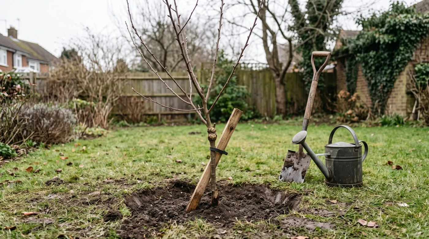 Newly planted bare-root apple tree with a stake, the graft union sitting above the soil