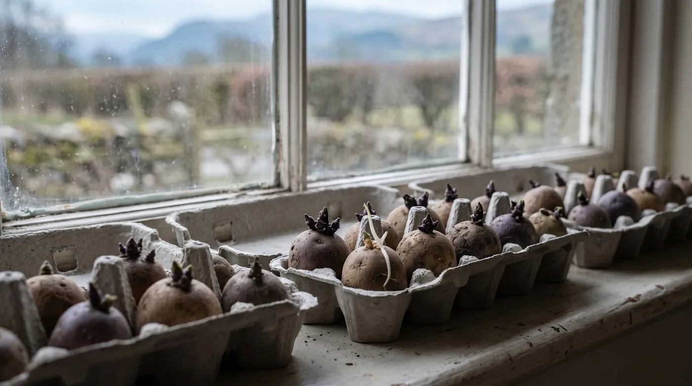 Seed potatoes chitting in egg boxes on a bright windowsill with short, sturdy dark shoots