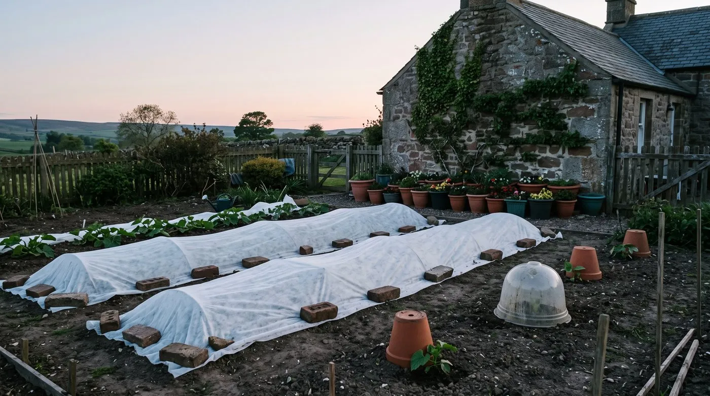 Young vegetable plants covered with fleece, cloches and upturned pots on a clear May evening