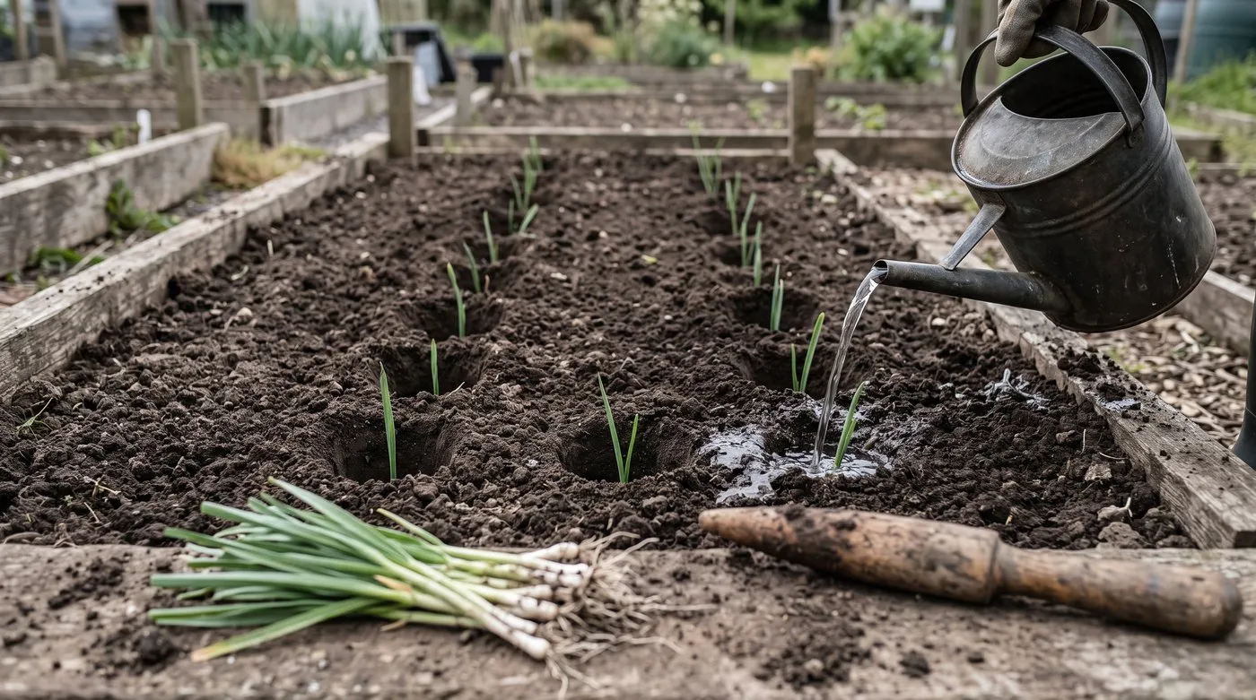 Leek seedlings planted in deep dibber holes being filled with water rather than soil