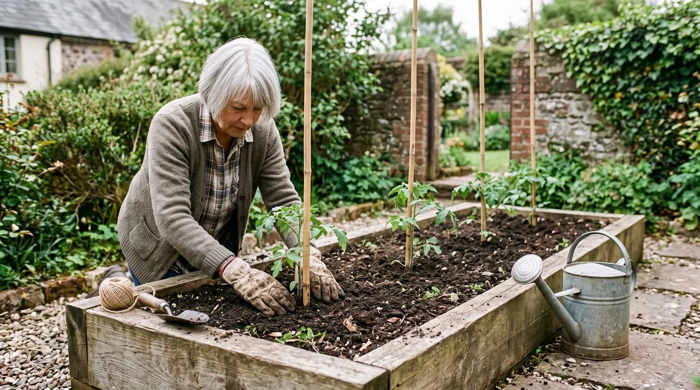 Older woman planting out young tomato plants with canes in a raised bed in late May