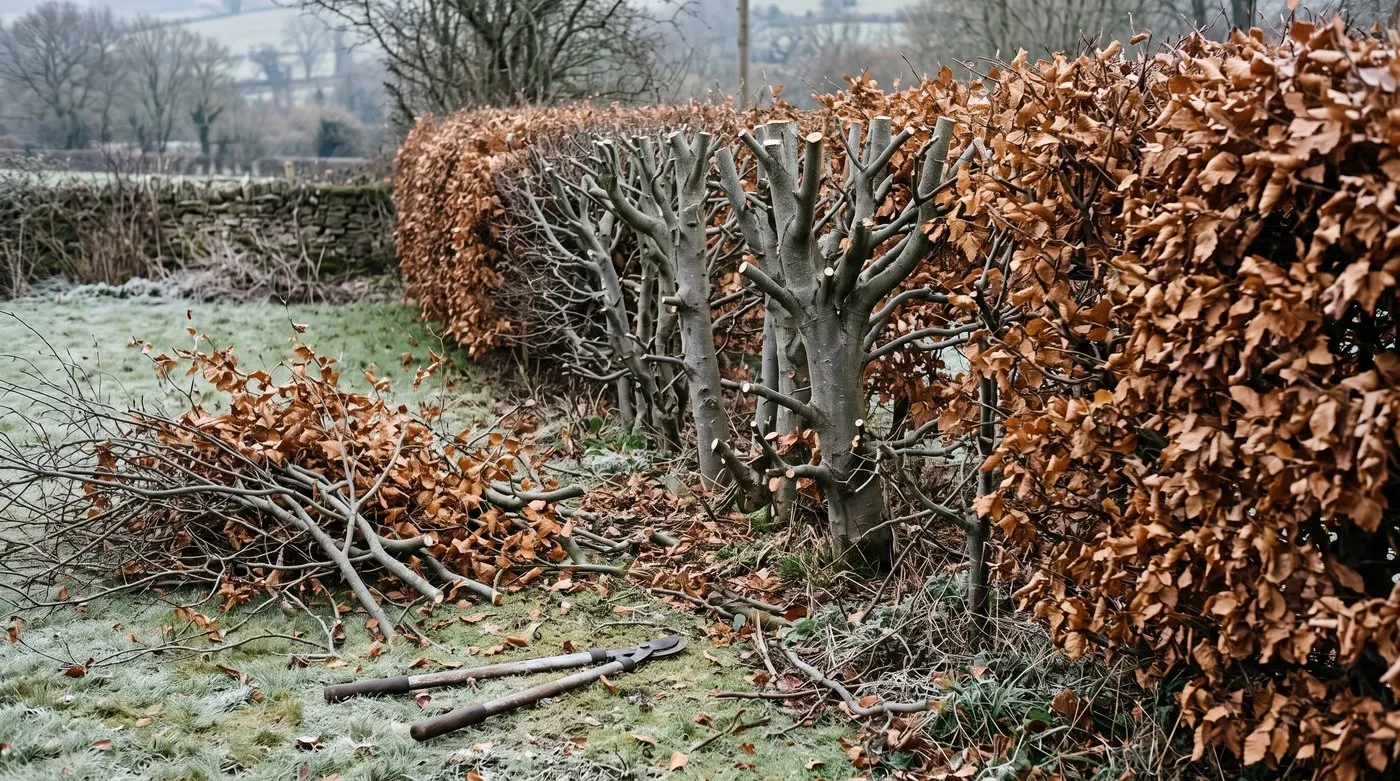 Overgrown beech hedge cut hard back on one side in February, with brown leaves left on the other