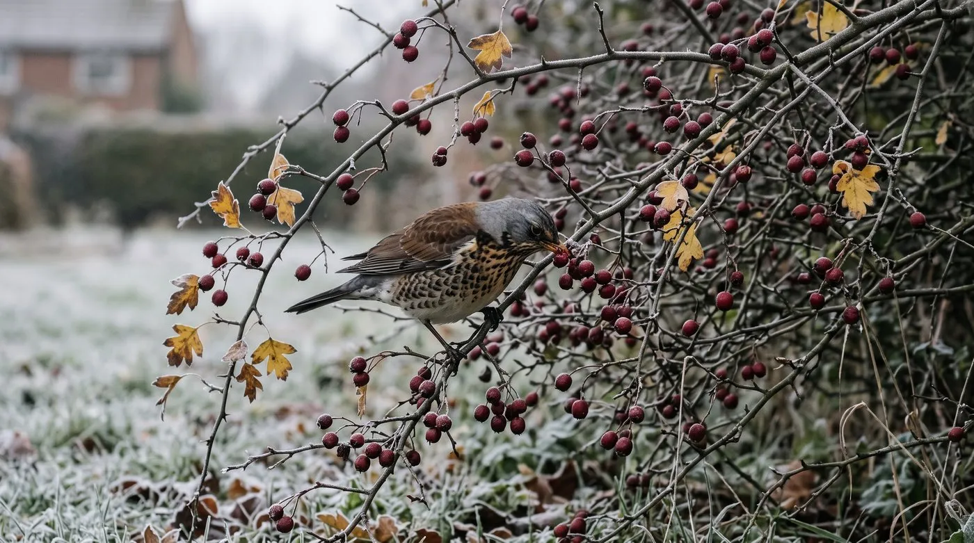 Fieldfare feeding on red haws in an untrimmed garden hawthorn hedge in early winter
