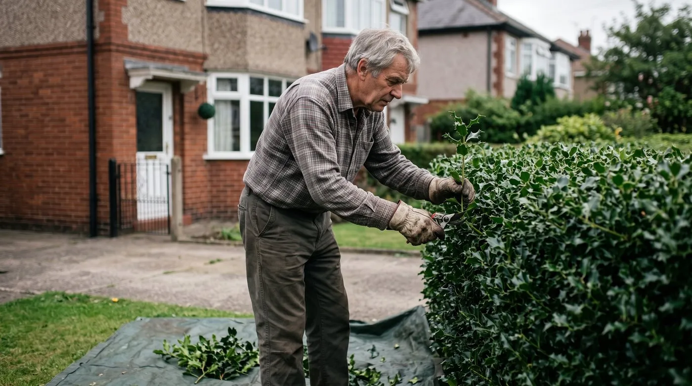 Man trimming a holly hedge stem by stem with secateurs in late summer
