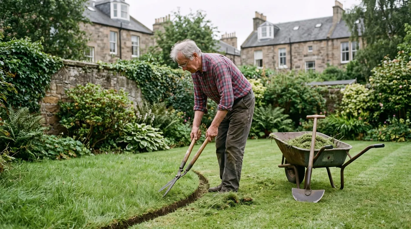 Older man trimming a lawn edge with long-handled shears along a curved border