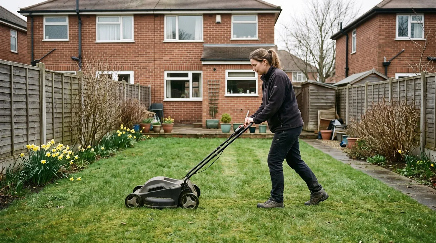 Woman giving the lawn its first cut of the year in March with the mower on a high setting