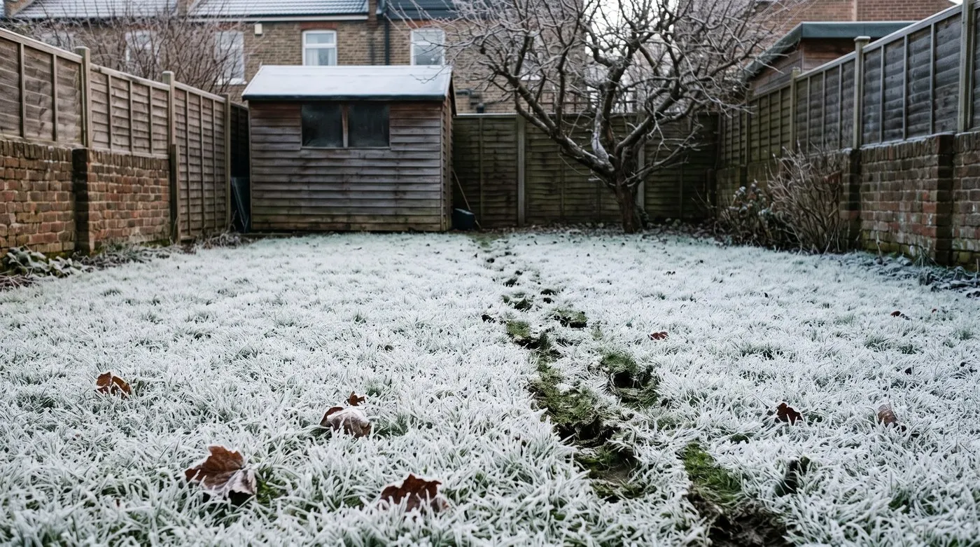 Frosty winter lawn with dark footprints where frozen grass has been walked on
