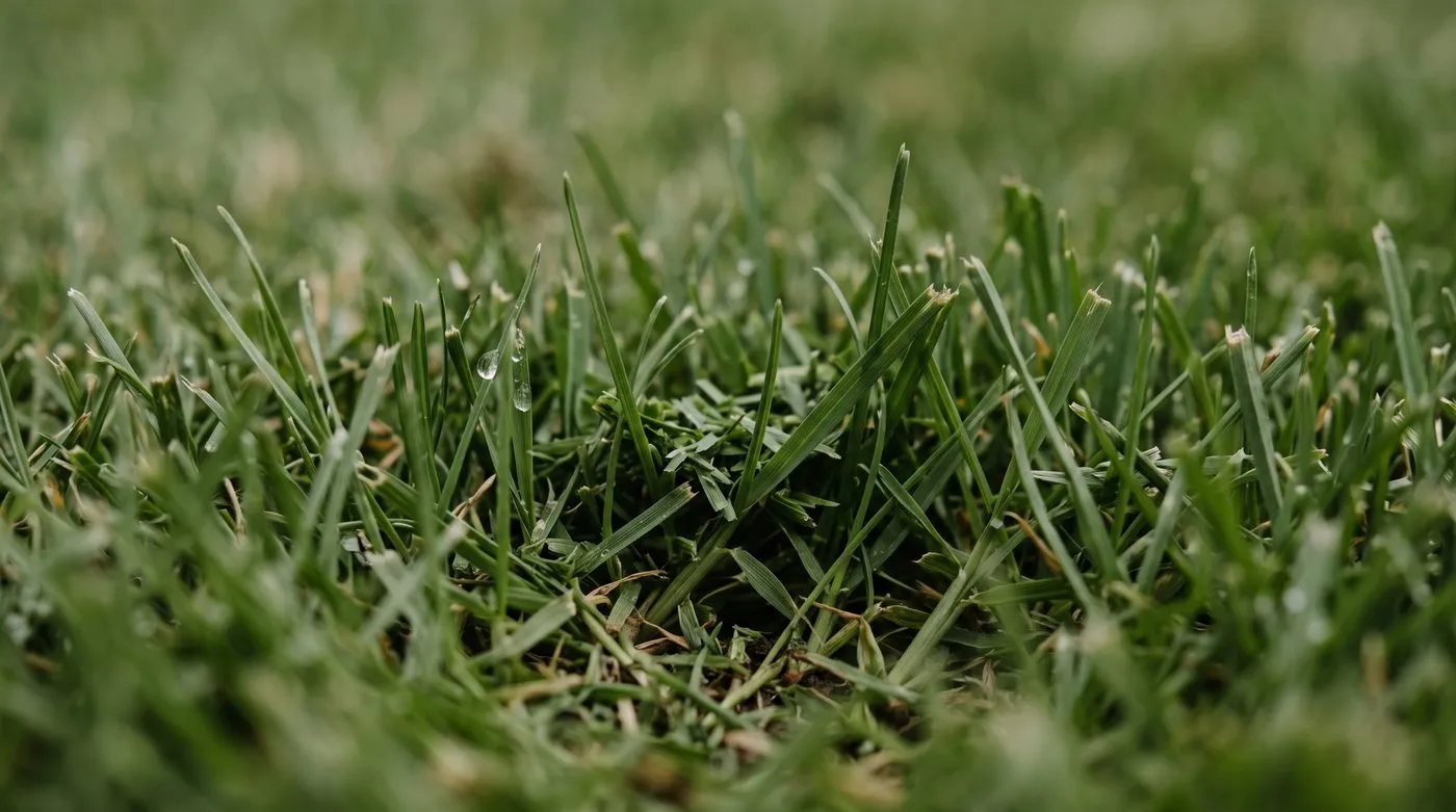 Close view of finely chopped grass clippings settling into a freshly mown lawn