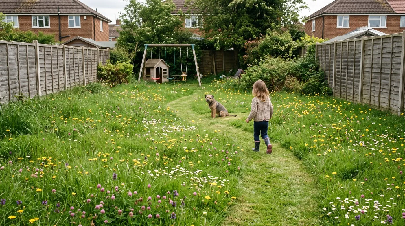 Unmown lawn in May full of dandelions, daisies and clover, with a mown path, a child and a dog