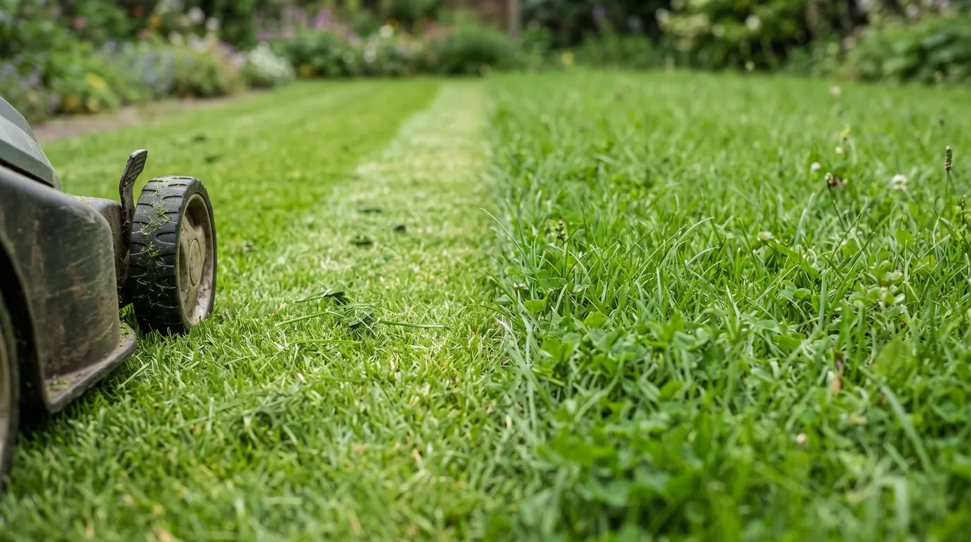 Low view of lawn grass with a mown strip cut by only a third beside longer uncut grass