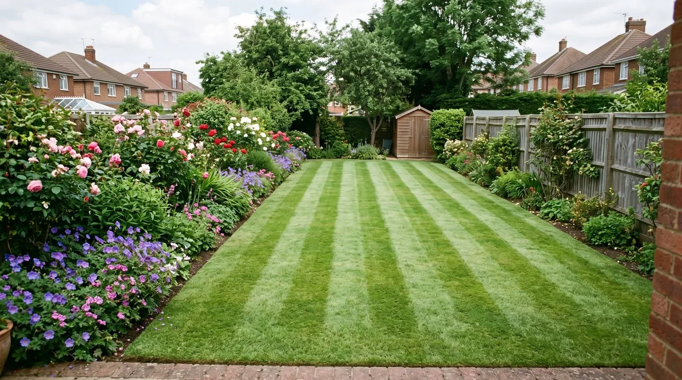 Back garden lawn with straight light and dark mowing stripes made by a roller mower
