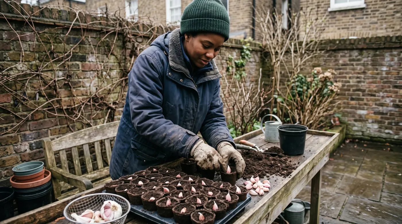 Gardener planting single garlic cloves into small pots of compost on a bench in winter