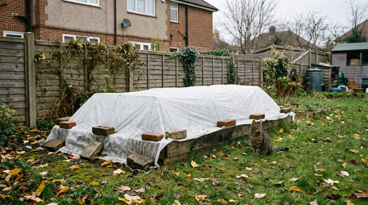Raised bed of newly planted garlic covered with fleece in autumn, with a tabby cat on the lawn