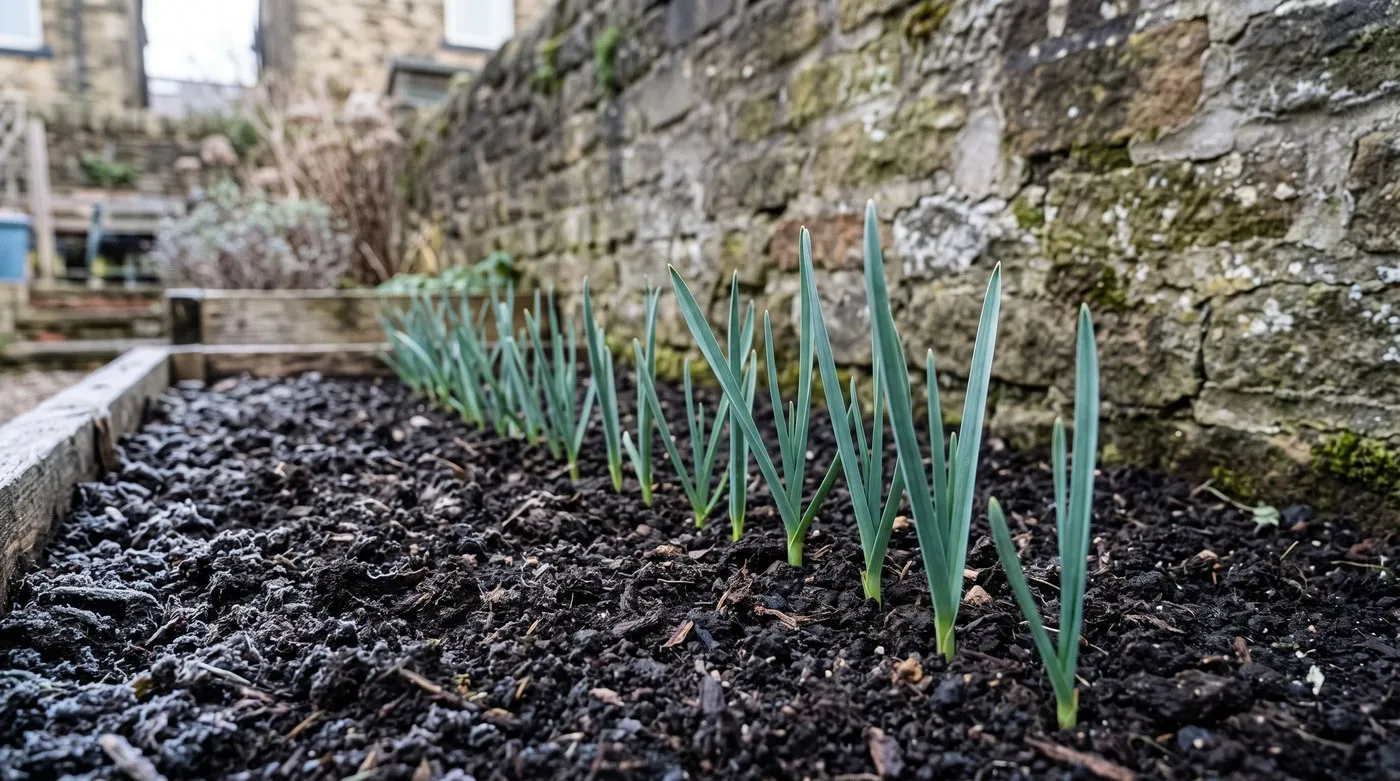 Young garlic shoots coming up in a neat row in a vegetable bed in early spring