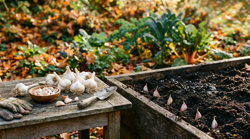 Garlic cloves being pressed into prepared soil in a UK vegetable bed in autumn
