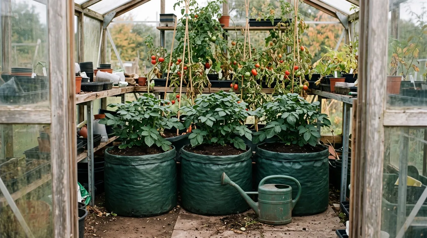 Christmas potatoes growing in fabric potato bags inside a greenhouse in early autumn