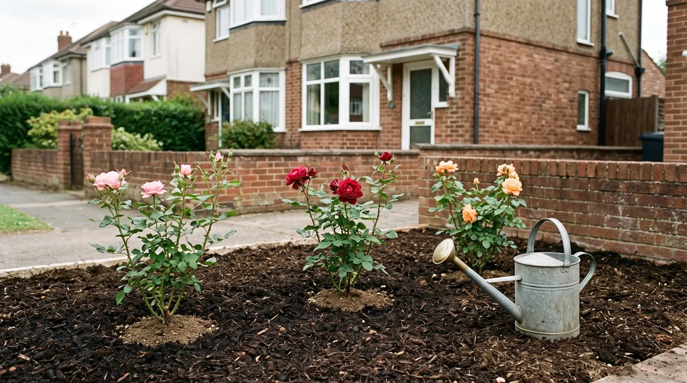 Three young roses in flower in a freshly mulched bed with a watering can beside them
