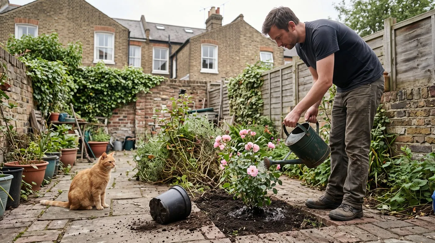 Man watering the base of a newly planted pink rose in a small city garden while a cat watches