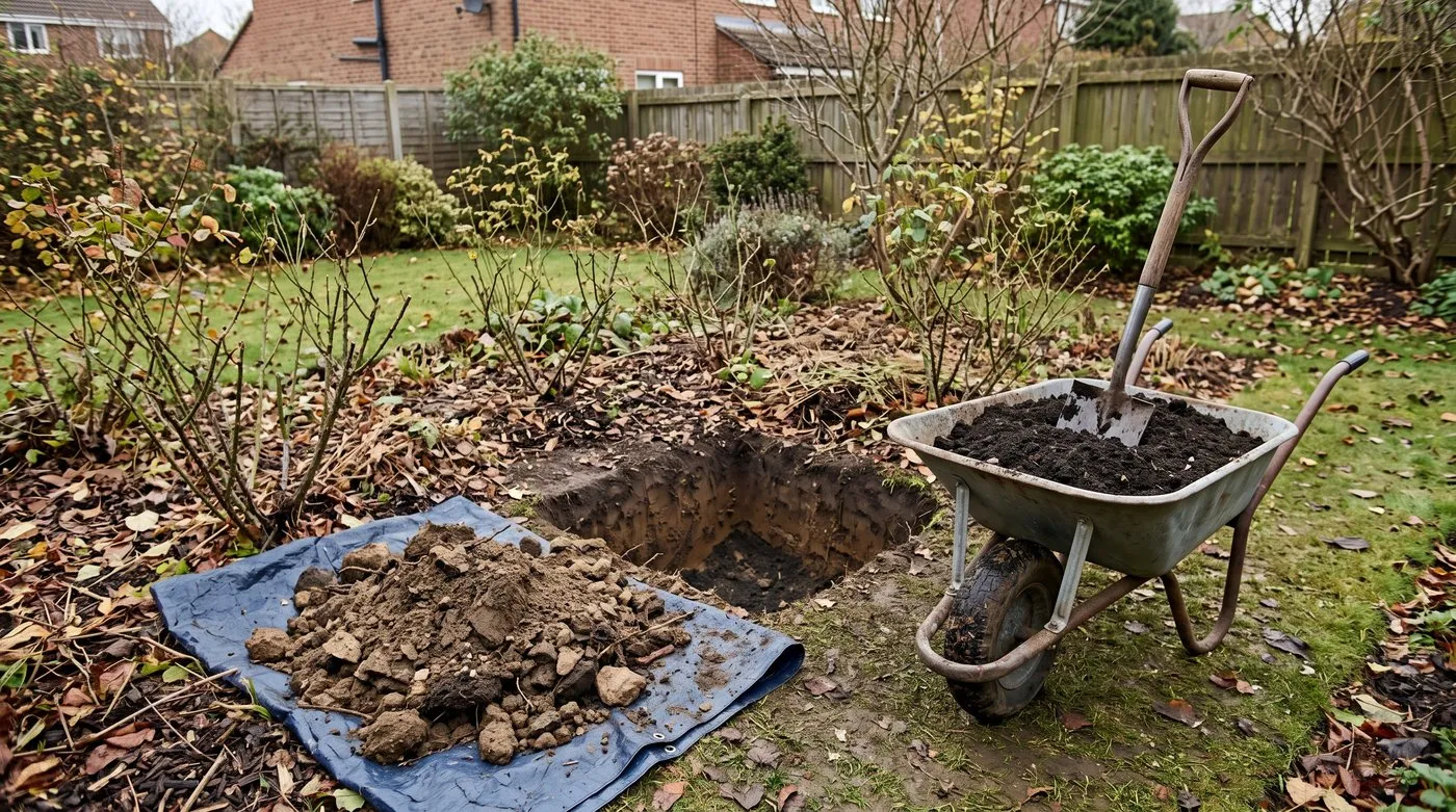 Large planting hole in a rose bed with old soil on a tarpaulin and a wheelbarrow of fresh soil