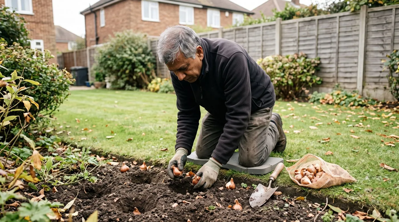 Gardener planting daffodil bulbs pointed end up in a group in a border in early autumn