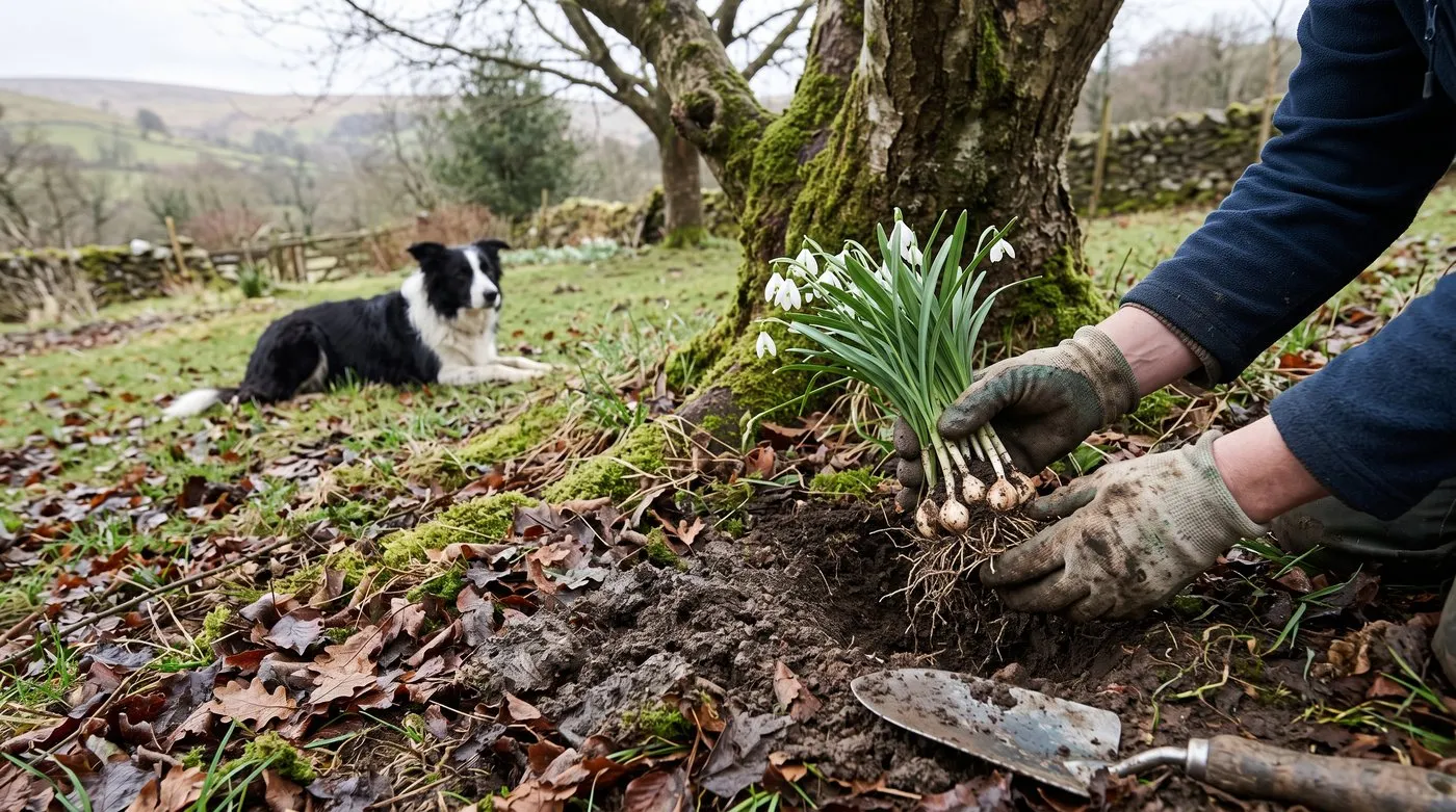Clump of snowdrops in the green being replanted under a bare tree, with a collie lying nearby