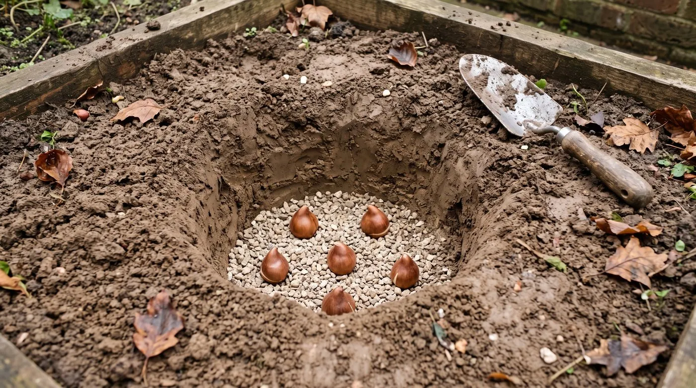 Tulip bulbs sitting on a layer of grit at the bottom of a deep planting hole in clay soil