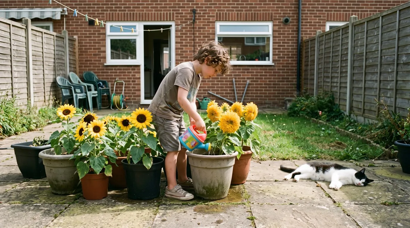 Young boy watering pots of dwarf sunflowers on a patio, with a cat lying on the paving